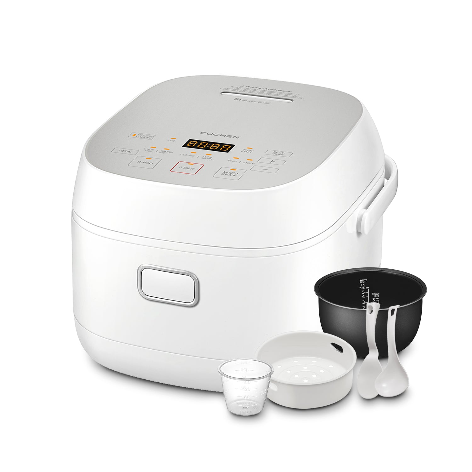 White electric rice cooker with accessories on a white background