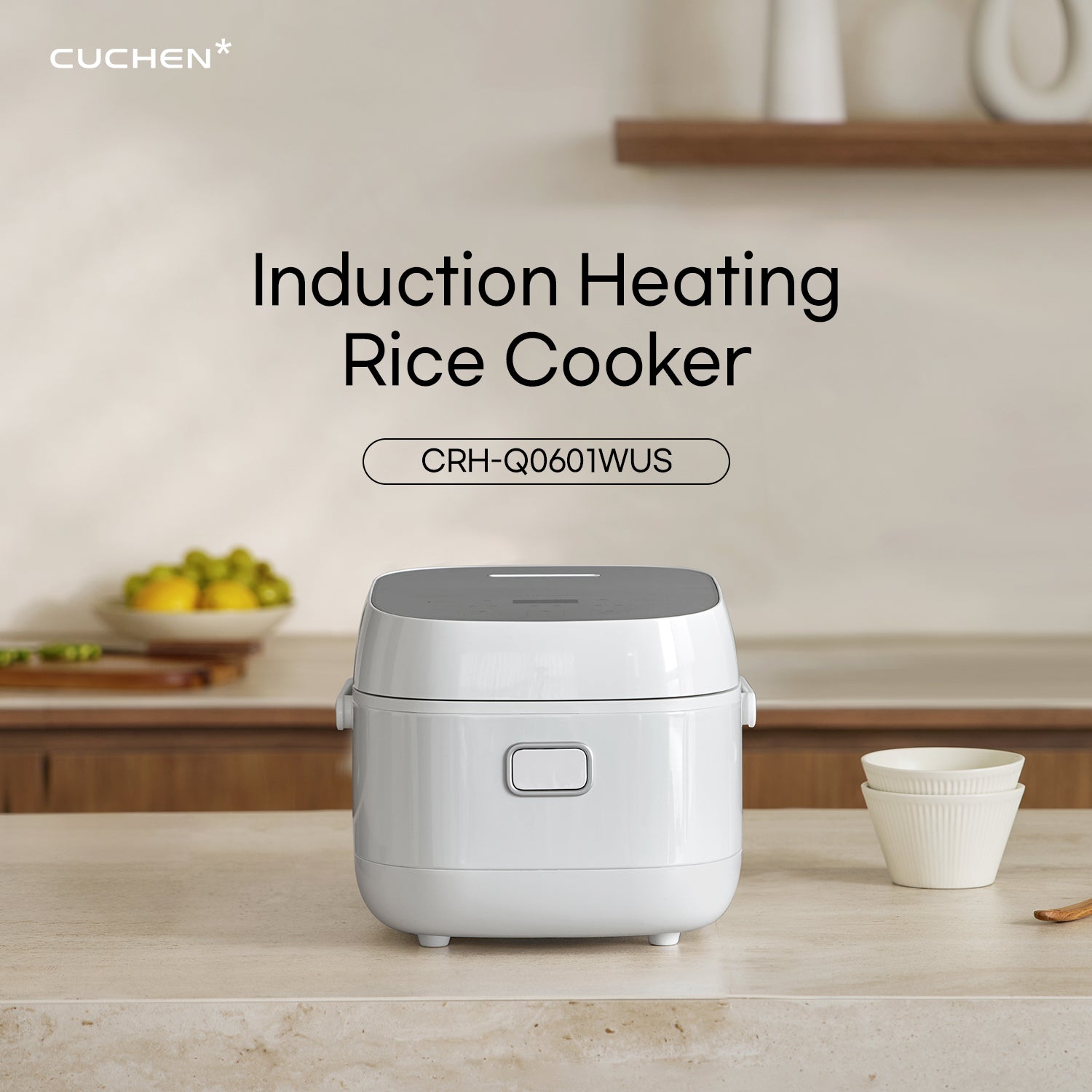 Induction heating rice cooker on a kitchen counter with CUCHEN branding.