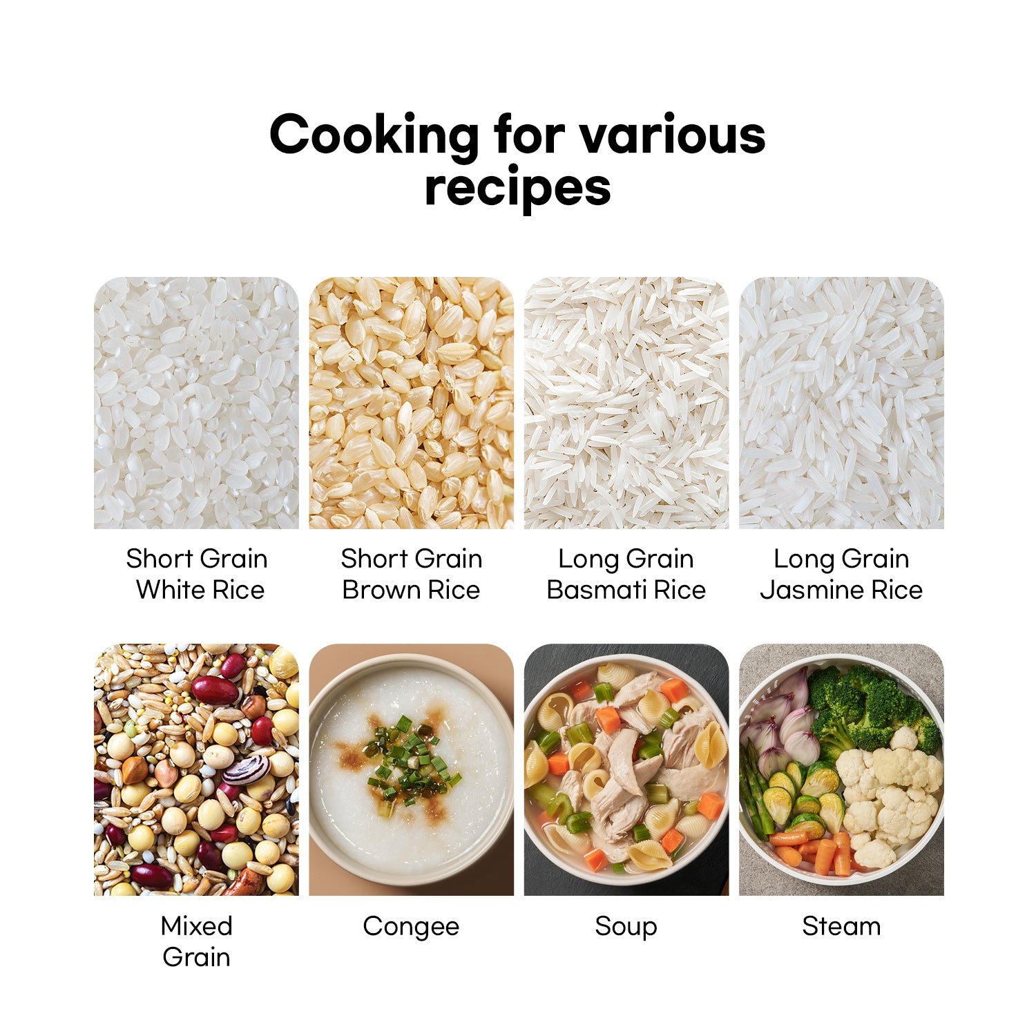 Types of rice and grain dishes with text indicating different cooking methods.