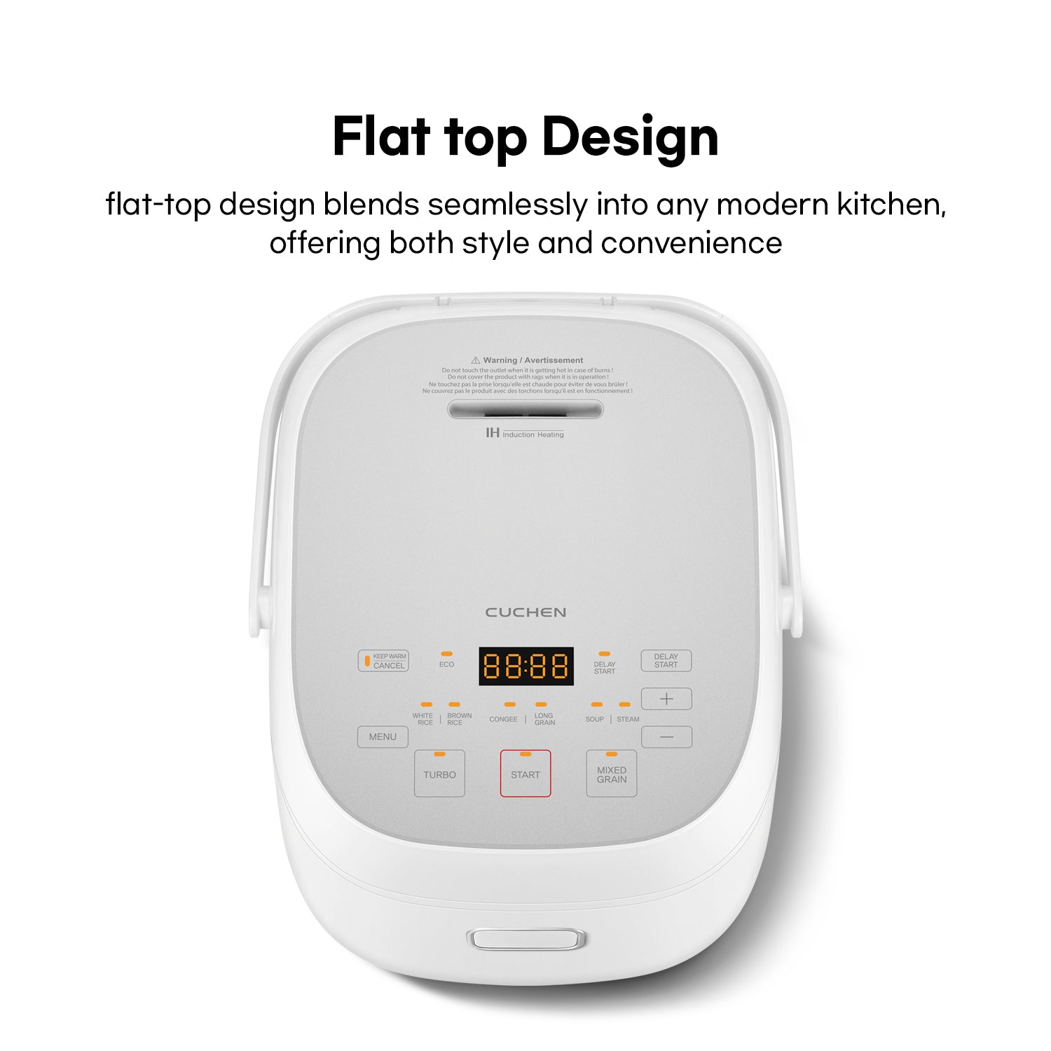 White rice cooker with digital display on a white background, featuring text about flat top design.