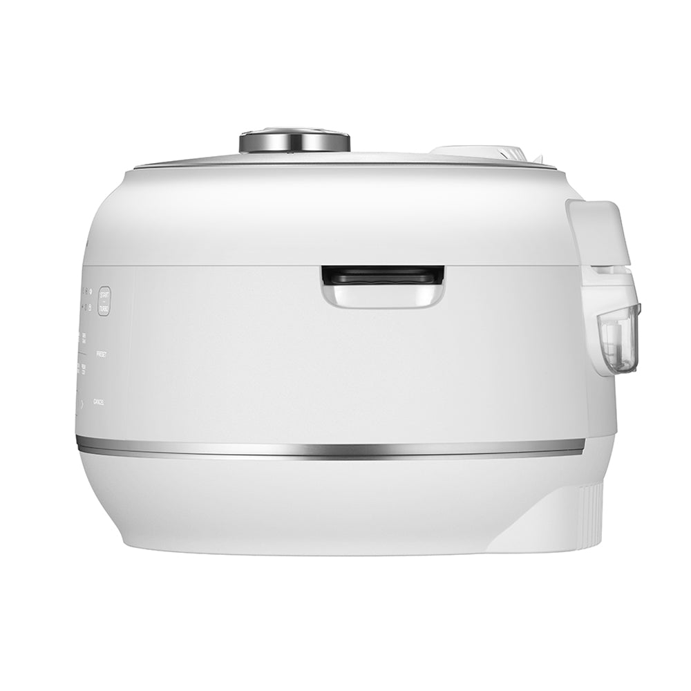 White rice cooker with silver accents on a white background