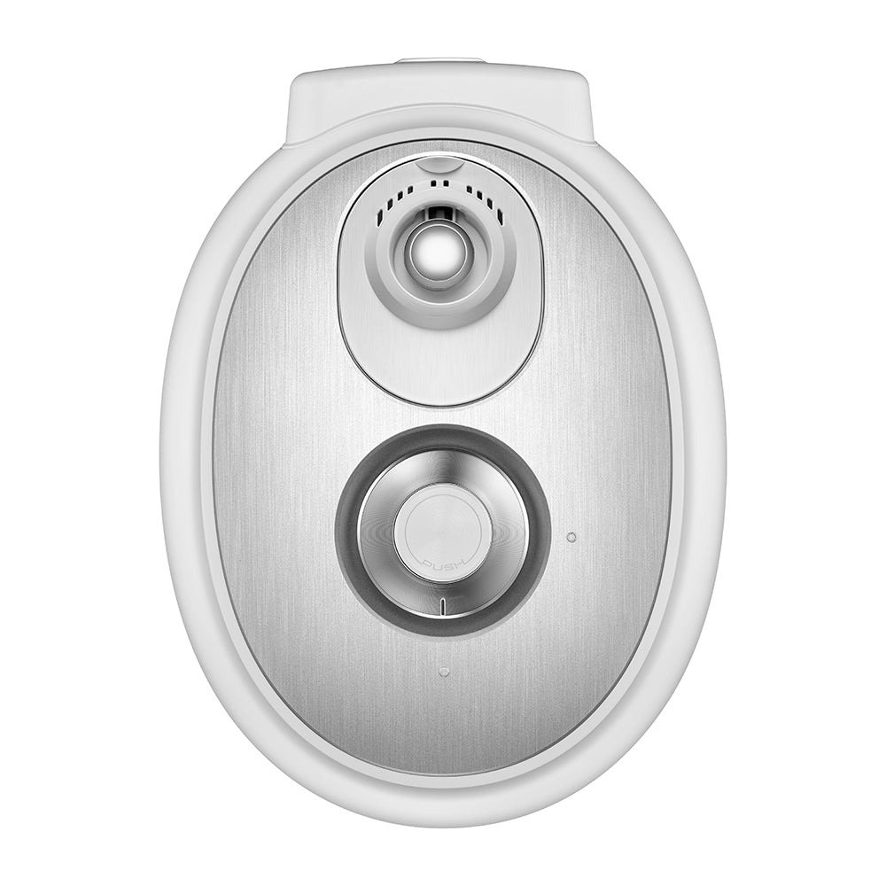 Round electronic device with two circular components on a white background
