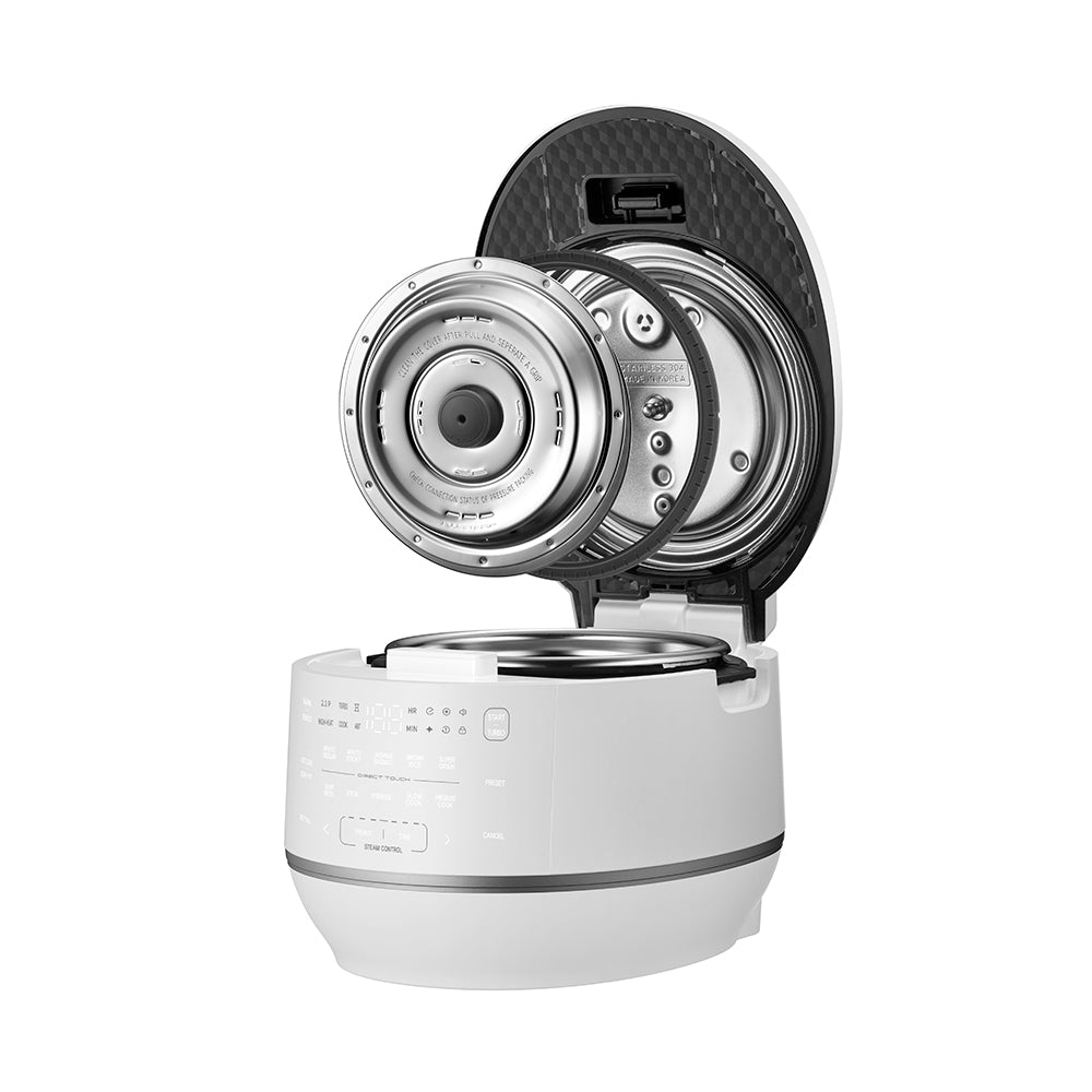 White robot vacuum cleaner with open lid on a white background