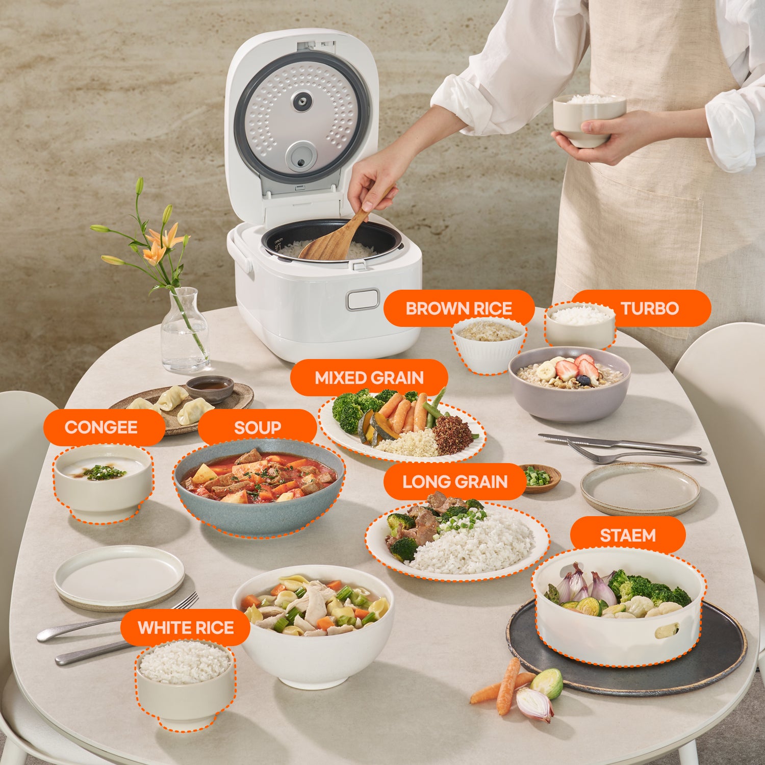 Person using a rice cooker with various dishes prepared on a table