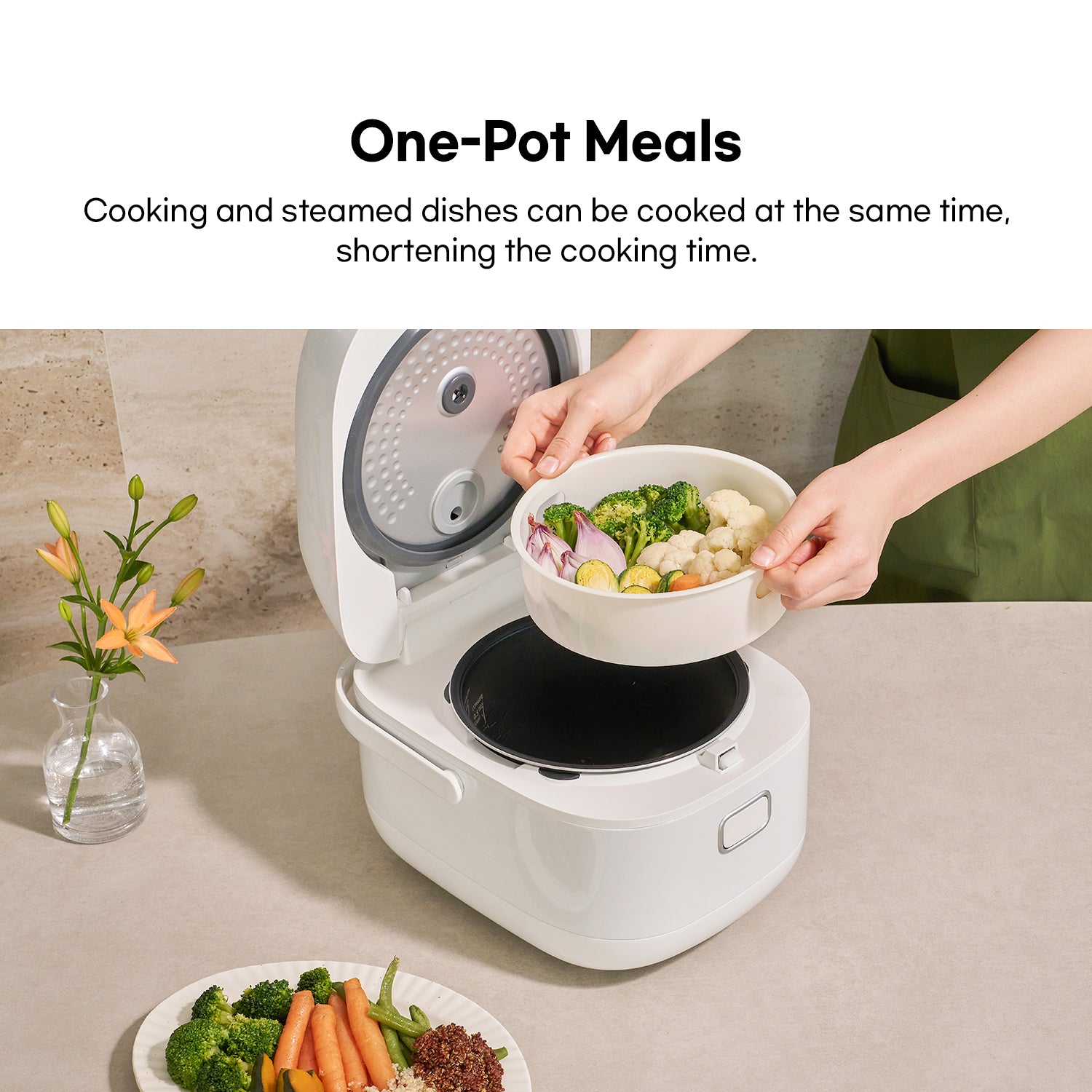 Person adding vegetables to a rice cooker with text about one-pot meals.