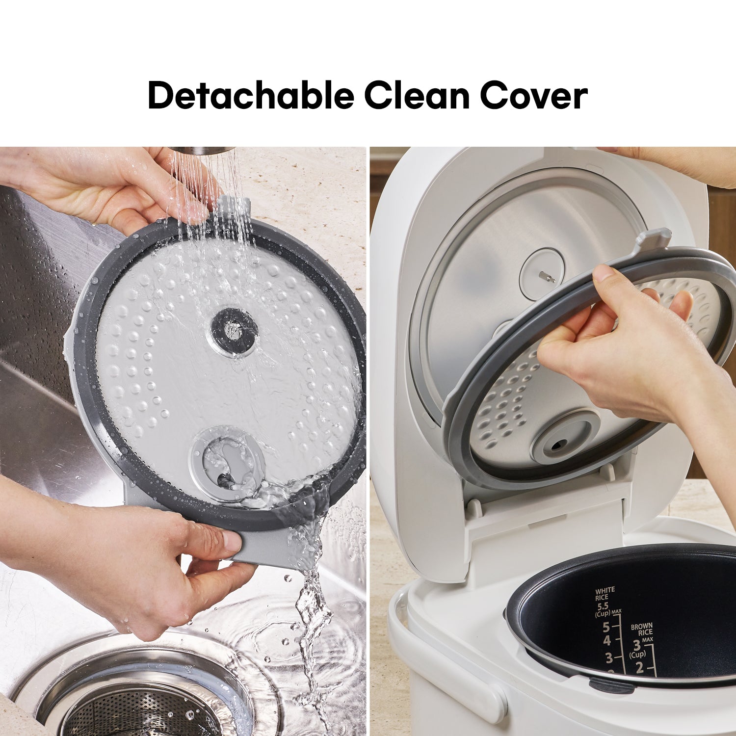 Detachable clean cover being washed and attached to a rice cooker.