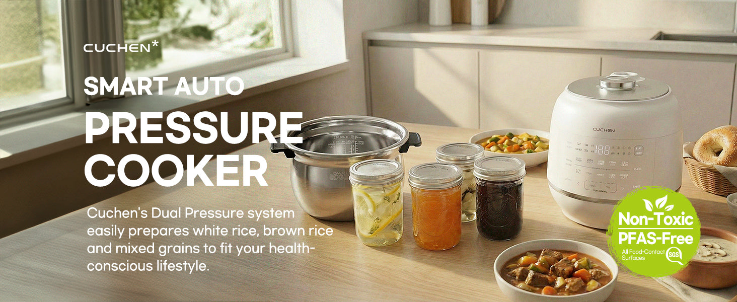 Cuchen smart auto pressure cooker on a kitchen counter with various food items and a window in the background.