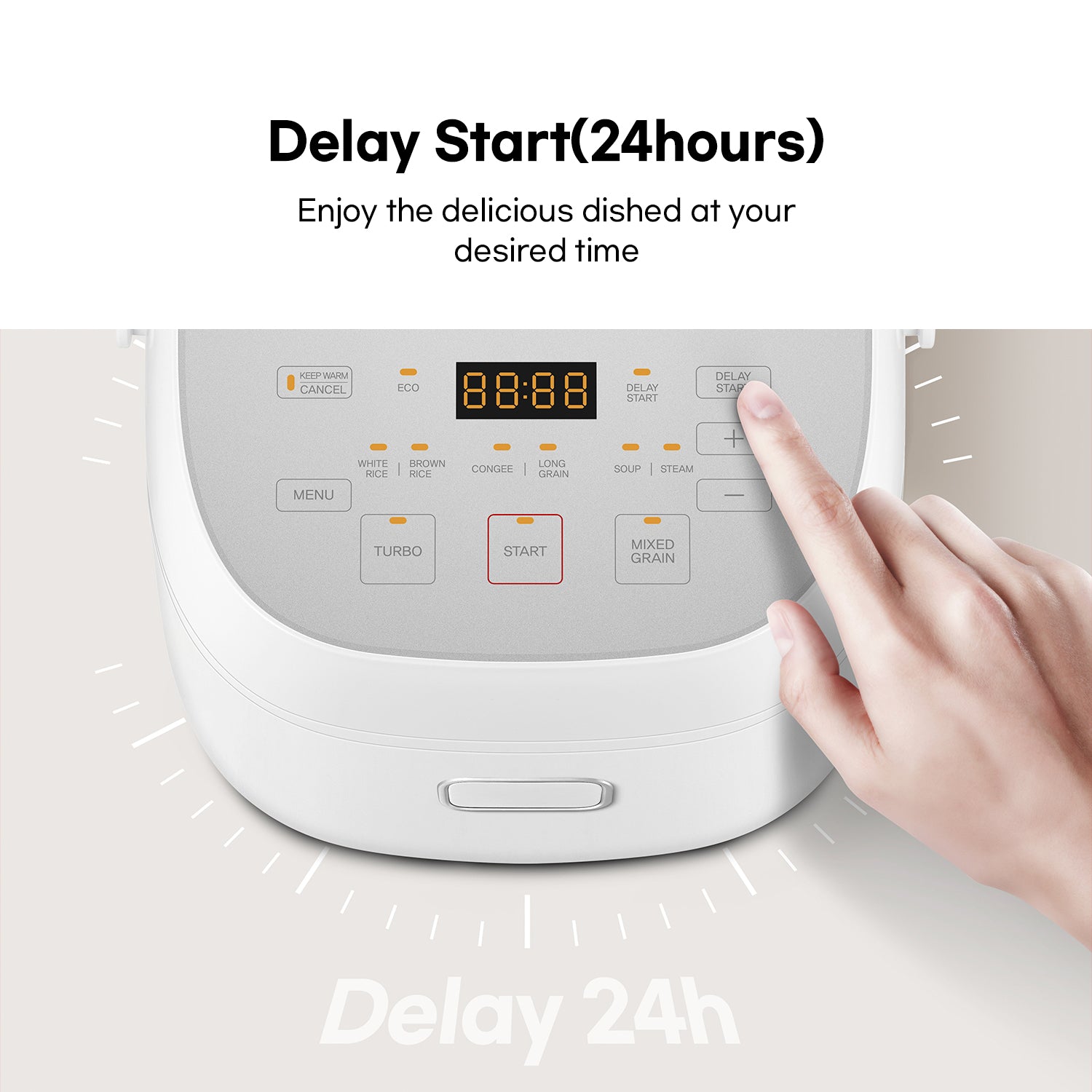 Hand pressing a button on a rice cooker with text about delay start feature.