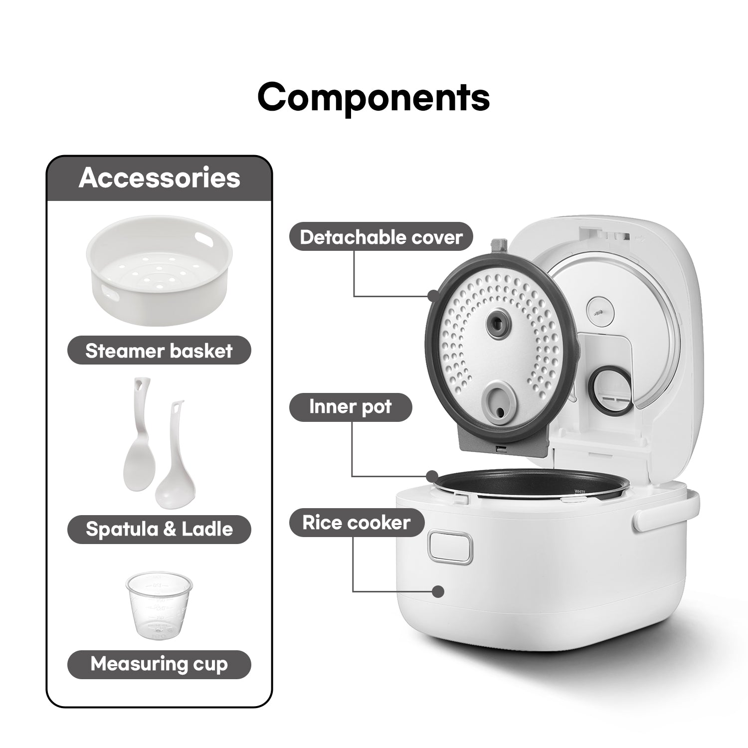 White rice cooker with labeled components on a white background