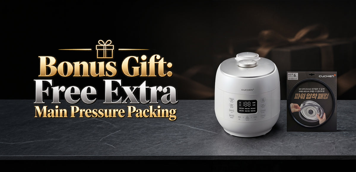 A white electric rice cooker sits on a dark gray surface against a black background, with large promotional text reading 'Bonus Gift: Free Extra Main Pressure Packing' above it. A small packaged accessory is placed to the right of the cooker.