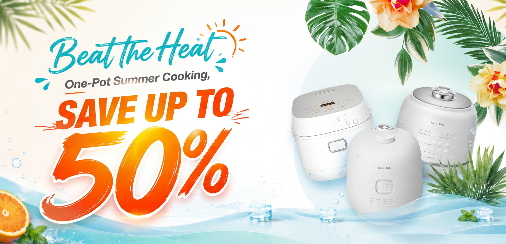 Promotional banner for a product sale with text 'Beat the Heat' and 'One-Pot Summer Cooking', featuring two white humidifiers against a tropical-themed background.