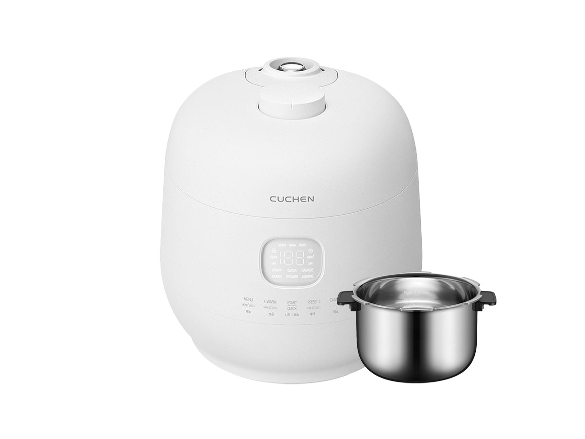 White rice cooker with a silver stainless pot on a white background