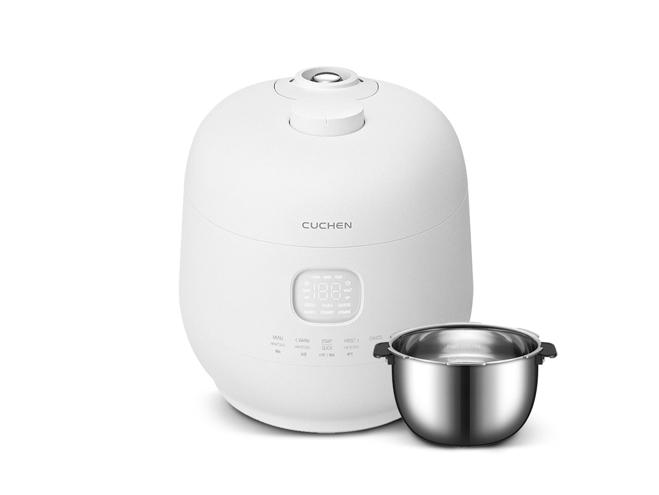 White rice cooker with a metal pot on a white background