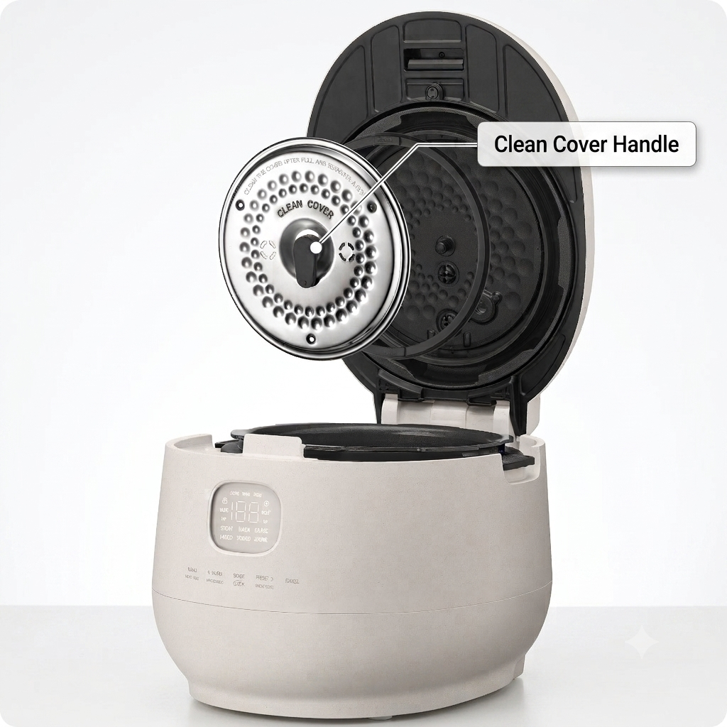 A rice cooker shown open on a light gray studio background, with a callout label pointing to the circular stainless steel inner lid and handle area. The product is mostly white with black interior components.