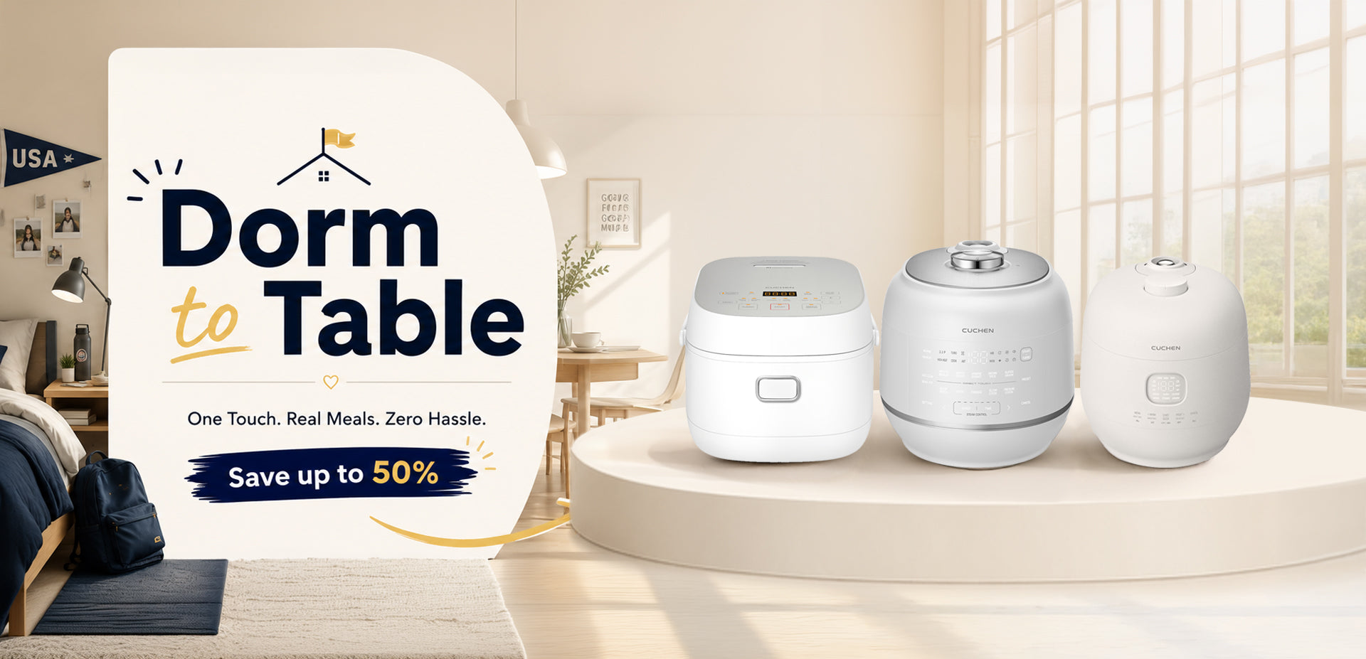 Three white smart home devices displayed on a pedestal in a bright modern room, next to a large promotional banner that reads 'Dorm to Table' with sale text.