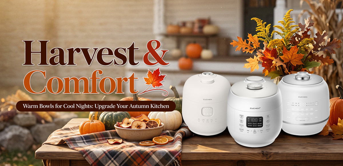 Three white rice cookers displayed on a wooden table in an autumn-themed kitchen setting, with pumpkins, fall leaves, and the text 'Harvest & Comfort' on the left.
