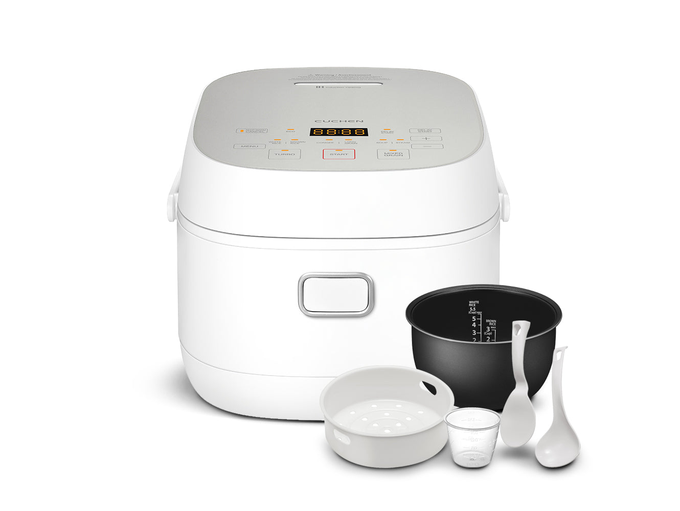 White electric rice cooker with accessories on a white background