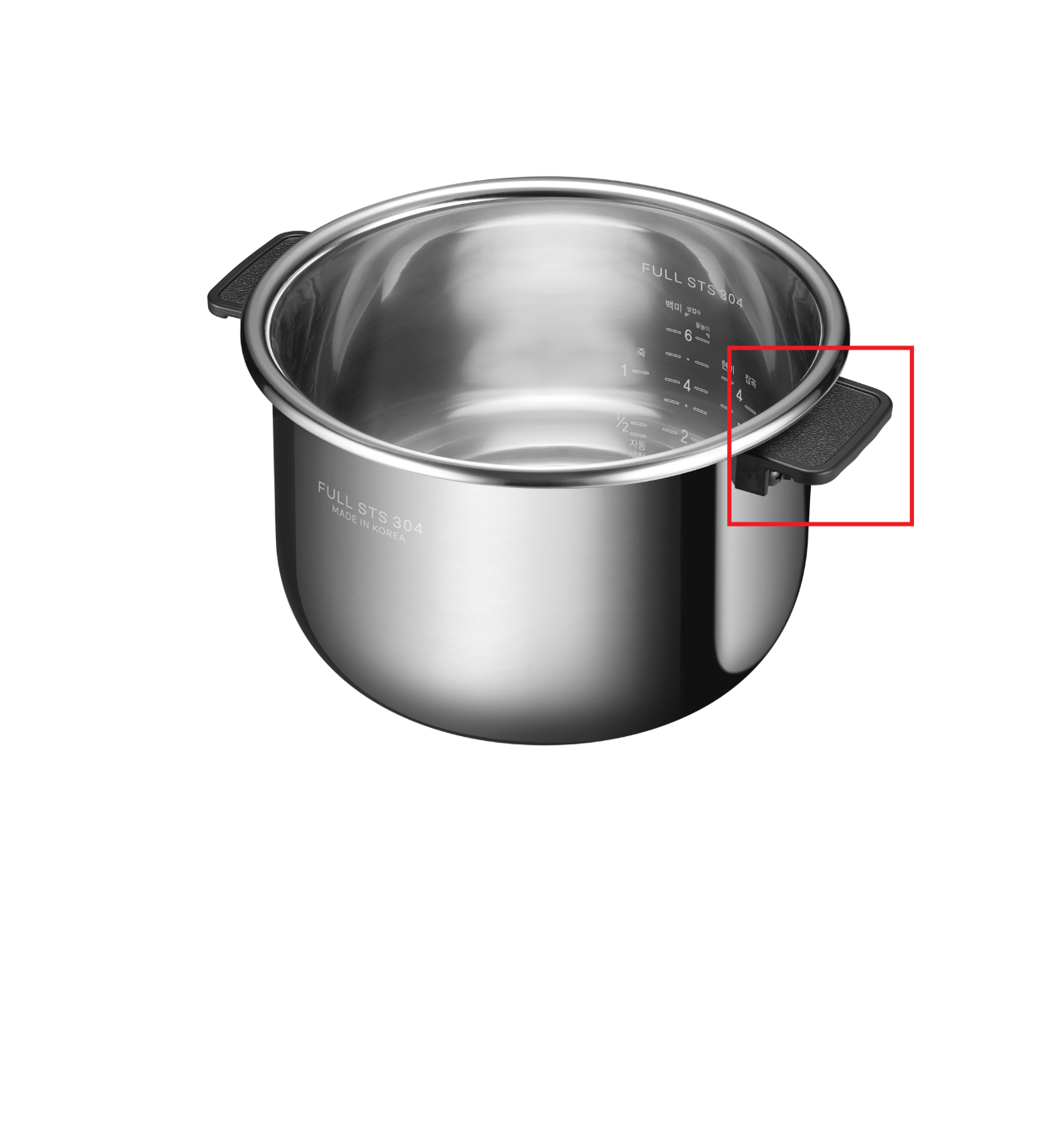 A stainless steel rice cooker pot with black plastic handles, shown on a plain white background with a red box highlighting one of the handles.