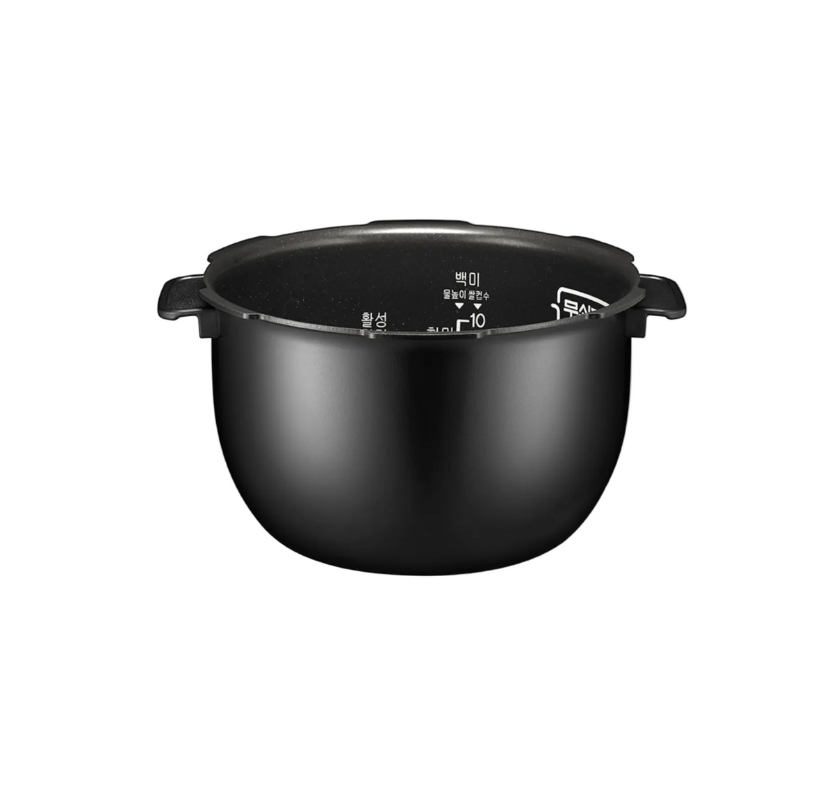 A black non-stick rice cooker inner pot with side handles and printed white Korean measurement markings, shown against a plain white background.
