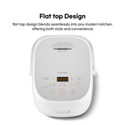 White rice cooker with digital display on a white background, featuring text about flat top design.