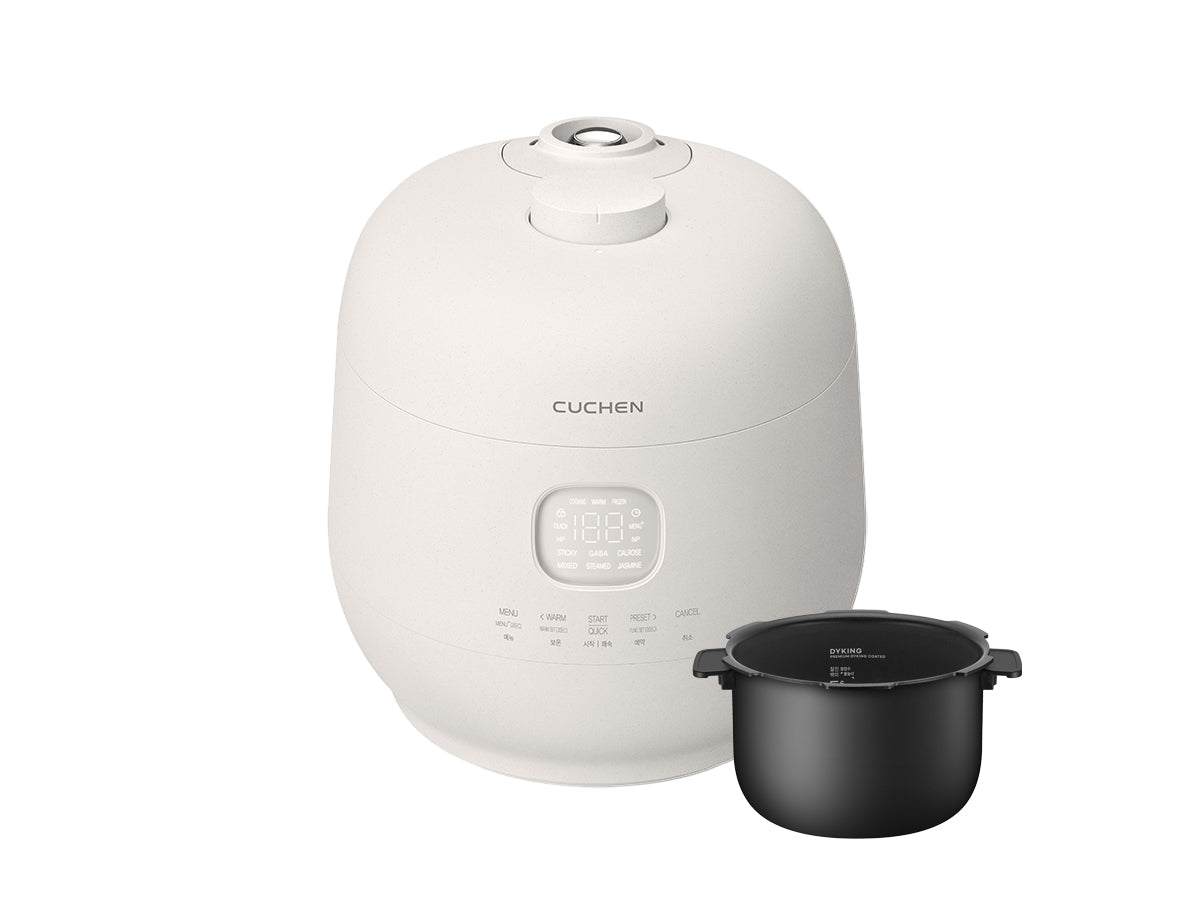 White rice cooker with a black pot on a white background