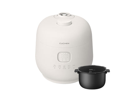 White rice cooker with a black pot on a white background