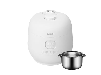 White rice cooker with a metal pot on a white background