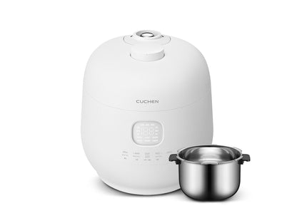 White rice cooker with a stainless steel pot on a white background