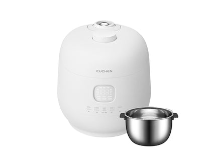White rice cooker with a metal pot on a white background