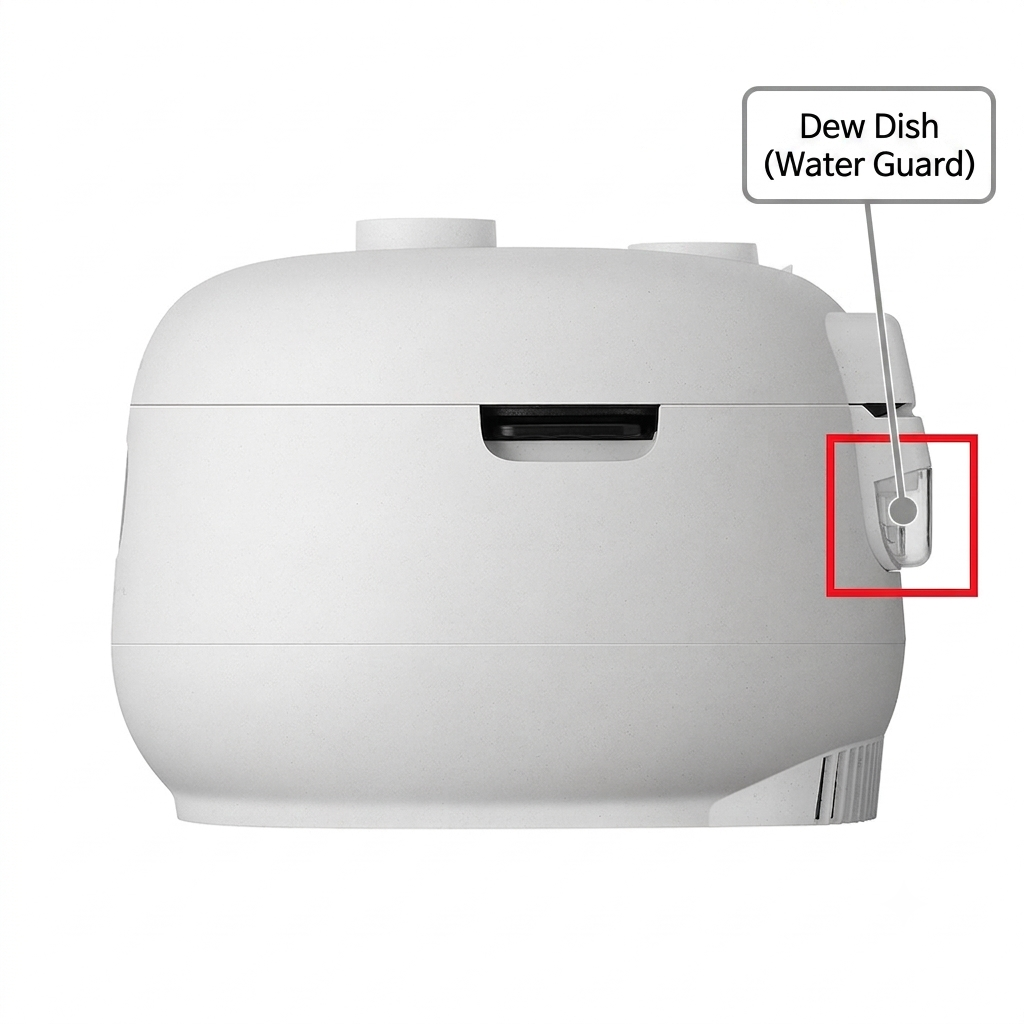 White rice cooker side view with a callout label pointing to the dew shield water guard, highlighted with a red box outline on a plain white background.
