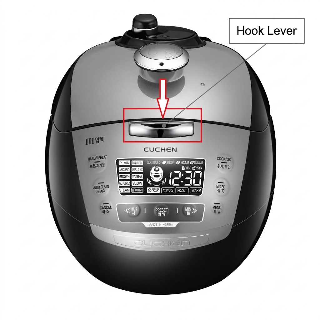 A top-down view of a Cuchen rice cooker with a highlighted 'Hook Lever' feature. The image includes a red rectangular box around the lever and a pointer line with the text 'Hook Lever'.