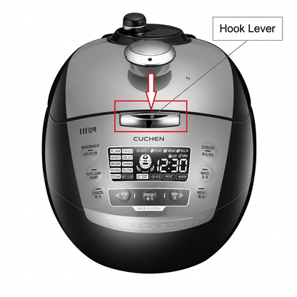 A top-down view of a Cuchen rice cooker with a highlighted 'Hook Lever' feature. The image includes a red rectangular box around the lever and a pointer line with the text 'Hook Lever'.
