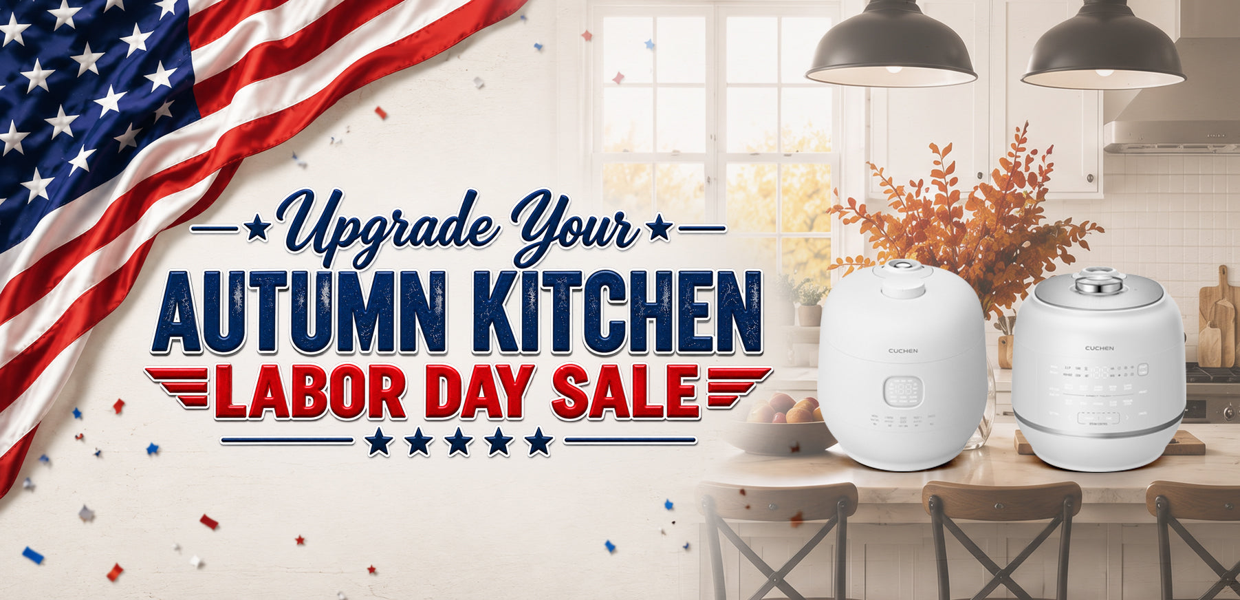 Two white Samsung rice cookers displayed on a kitchen table with a large promotional banner reading 'Upgrade Your Autumn Kitchen Labor Day Sale' and an American flag in the background.