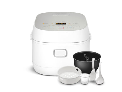 White electric rice cooker with accessories on a white background