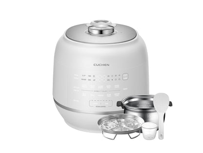 White rice cooker with a smaller inset image of a stainless steel pot on a white background