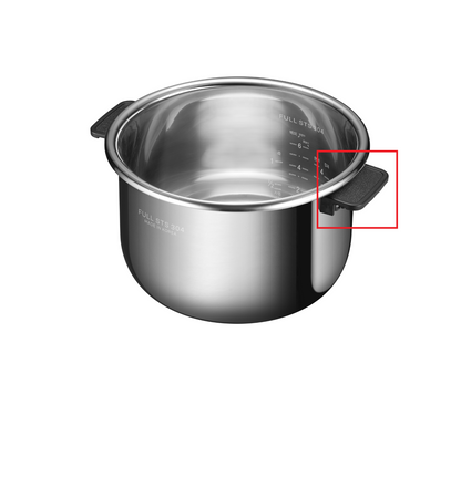 A stainless steel rice cooker pot with black plastic handles, shown on a plain white background with a red box highlighting one of the handles.