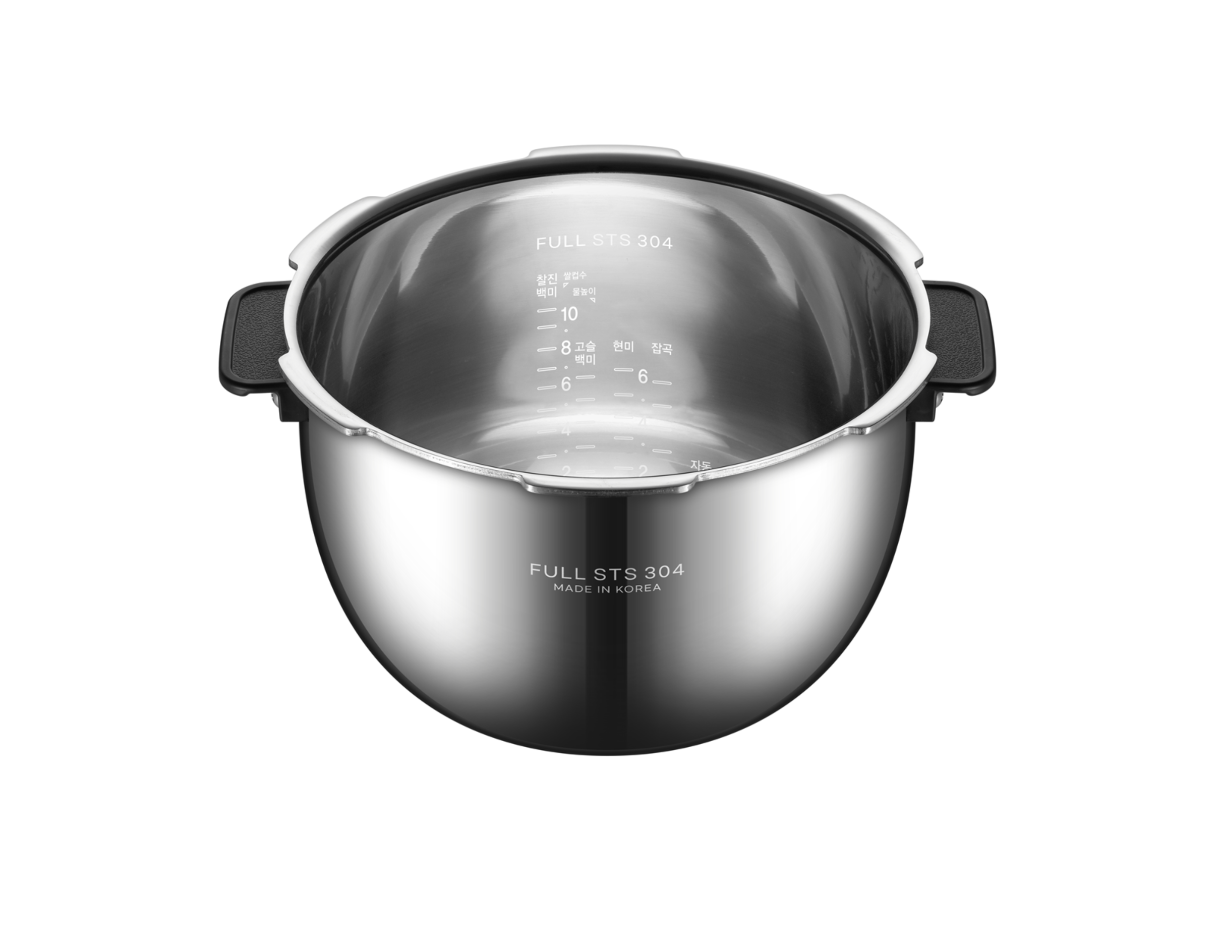 Stainless steel pot with measurement markings on a white background