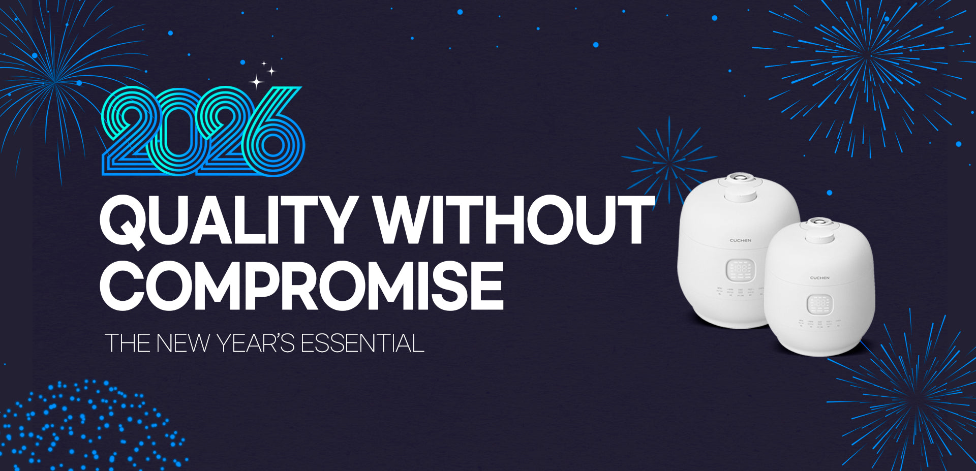 Two white products on a dark blue background with fireworks and text '2026 Quality Without Compromise'.