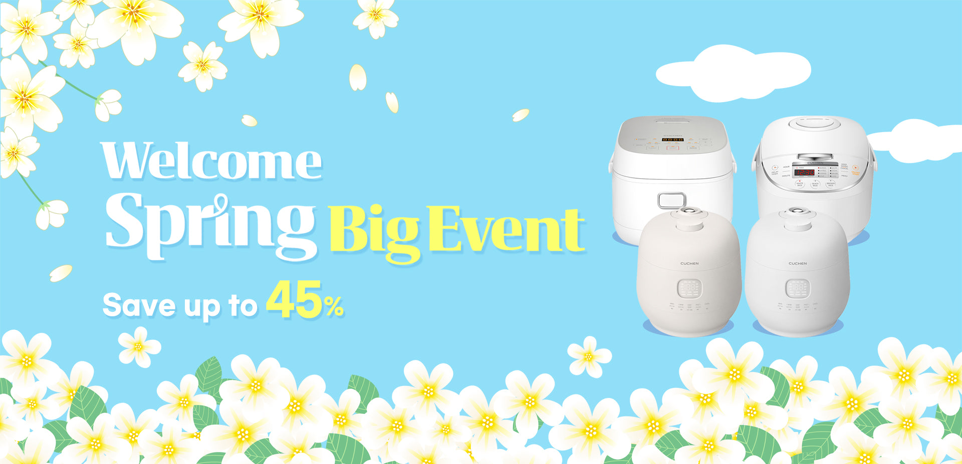 Promotional banner for a spring event with breast pumps and floral decorations on a blue background.