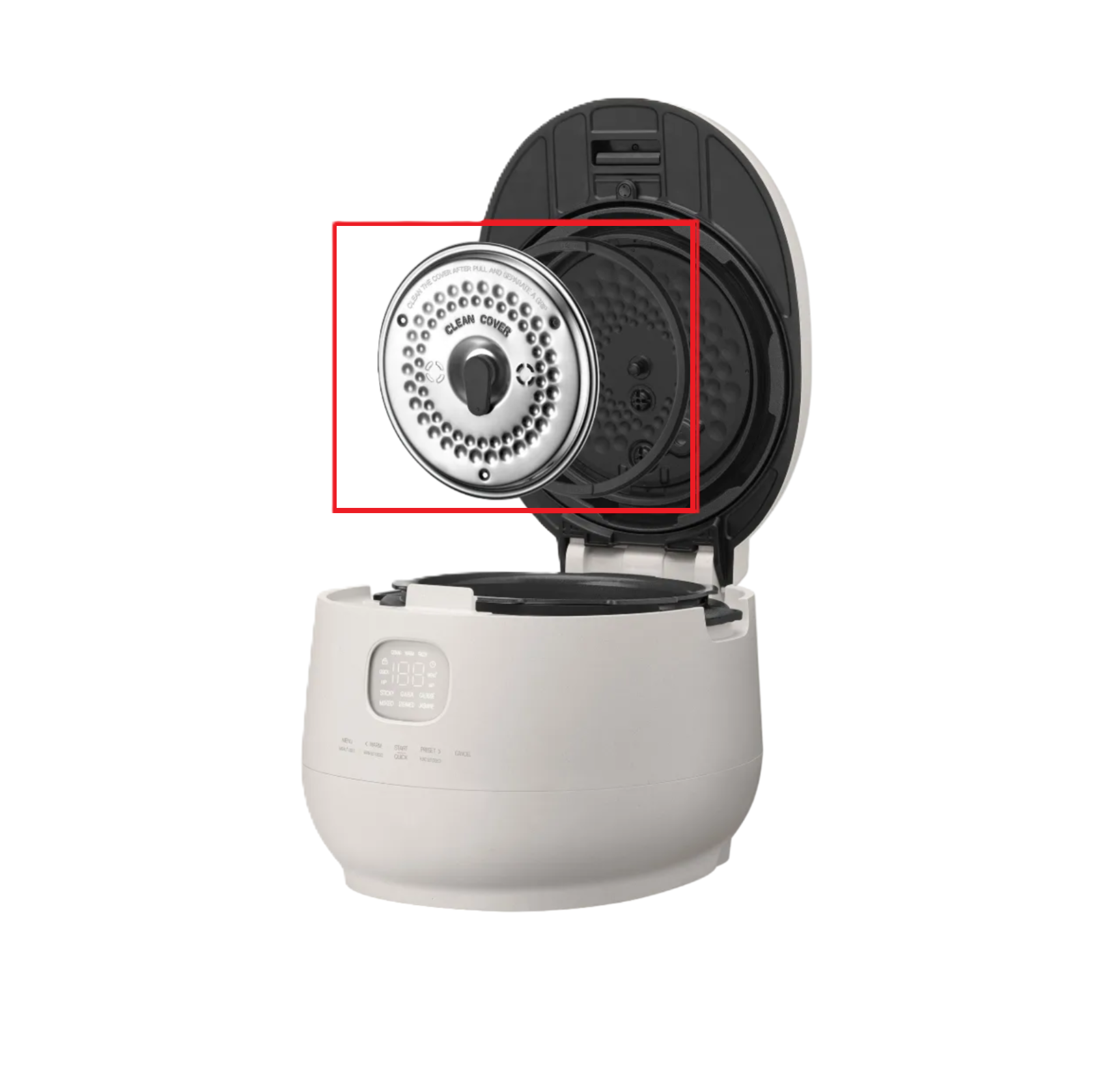 A close-up of a countertop appliance, likely a coffee maker or similar beverage dispenser, with its lid open and a red outlined inset highlighting a round metallic filter or nozzle component.