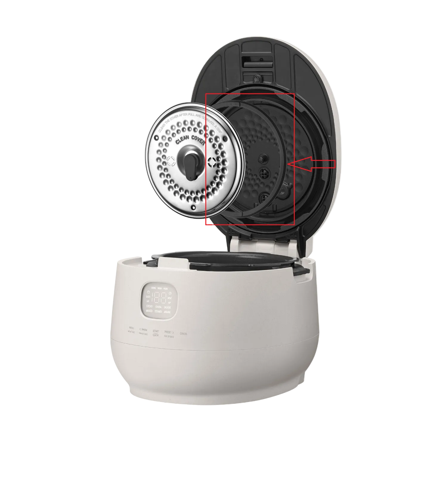 A white and black rice cooker with its lid open, showing the interior and a circular metal filter component. A red rectangular outline and arrow highlight a section inside the open lid.