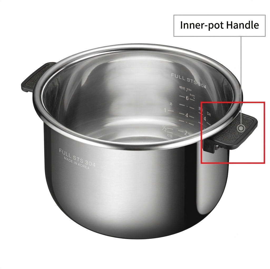 Stainless steel inner pot with a handle, shown on a white background with a labeled callout pointing to the inner-pot handle and a red box highlighting the handle area.