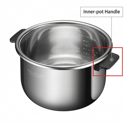 Stainless steel inner pot with a handle, shown on a white background with a labeled callout pointing to the inner-pot handle and a red box highlighting the handle area.